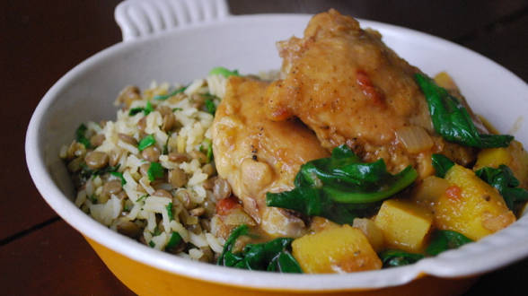 Eight-Spice Squash and Chicken Thighs Stew with Lentil Rice