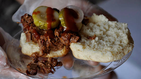 Brisket on a Biscuit with Smoky BBQ Sauce and Sweet 'n Spicy Pickles