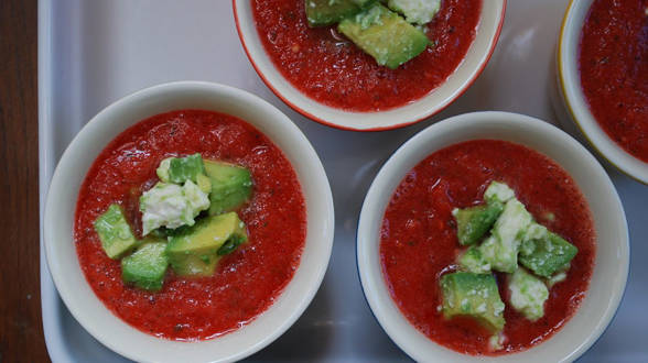 Chilled Greek-Style Tomato Soup with Avocado-Feta Salad