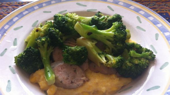 Grilled Corn Polenta with Sausages and Broccoli Rabe