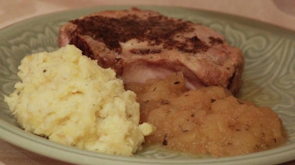 Pork Chops with Balsamic Brown Butter, Applesauce with Thyme, Mashed Potatoes and Celery Root