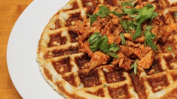 Blue Cheese Biscuit Waffles with Buffalo Chicken