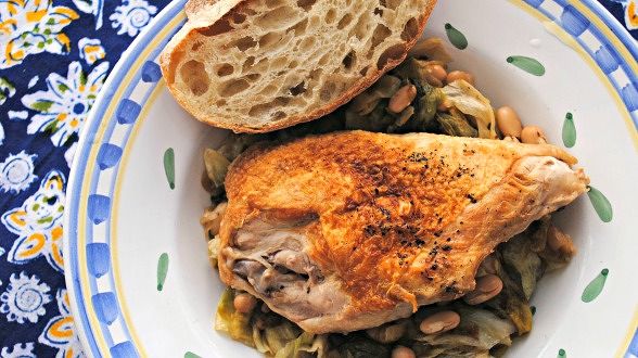 Crispy Skin Chicken Breasts with Escarole and White Beans