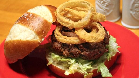 Deviled Burgers with Crispy "O" Rings and Spicy Ketchup