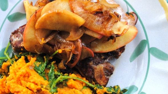 Cider-Brined Pork Chops with Sweet Potatoes and Greens