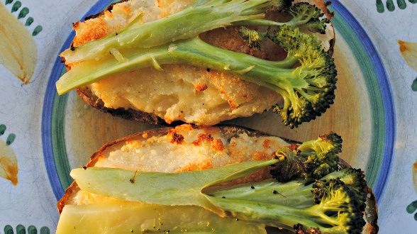 Caramelized Onion and Cheese Twice Baked Potatoes with Roasted Broccoli or Broccolini