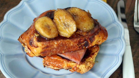 Rum Raisin French Toast with Maple Bananas Foster and Ham Steak