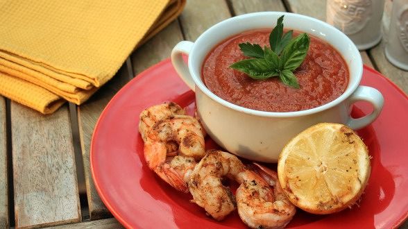 Gazpacho with Grilled Peel and Eat Shrimp