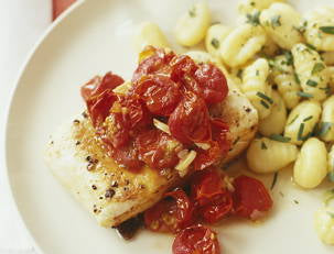 Pan-Roasted Fish with Burst Tomato Sauce and Gnocchi with Tarragon-Chive Butter