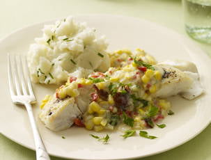 Halibut with Corn Chowder Gravy and Sour Cream and Chive Mashed Potatoes