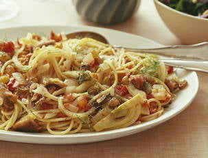 Spaghetti with Sardine-Fennel Sauce and Spinach Salad