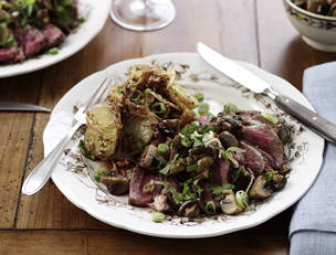 Sliced Steak, Mushrooms and Green Onions with Warm Dijon Potato Salad