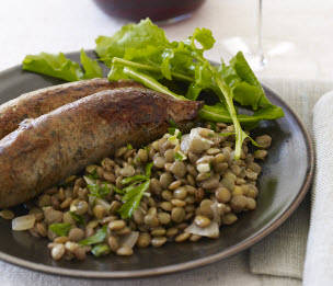 New Year's Day Sausages with Garlic Lentils