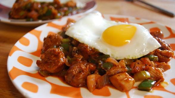 Gumbo-Style Chunky Hash with Fried Eggs