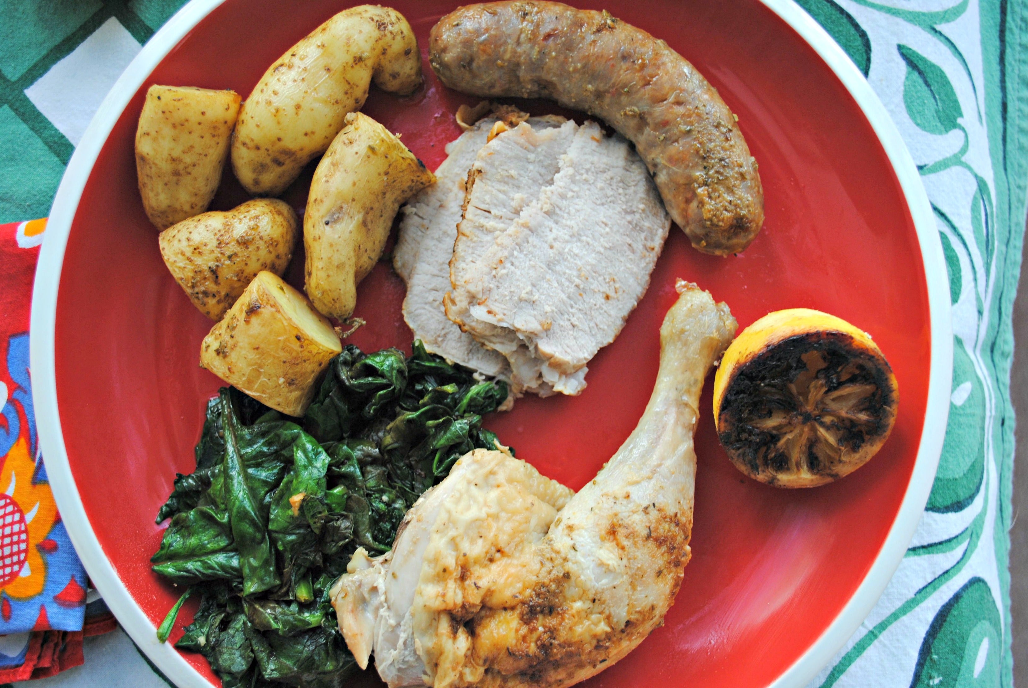 Roasted Pork Chicken and Sausage with Wilted Greens