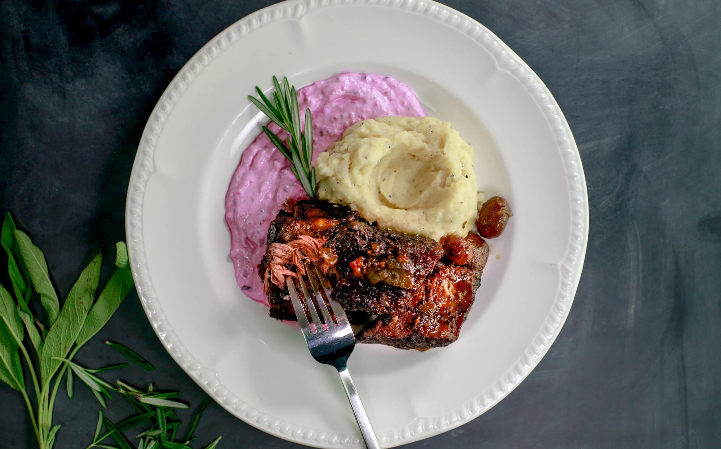 Sweet and Sour (‘Agrodolce’) Braised Beef Short Ribs with Pink Horseradish Cream