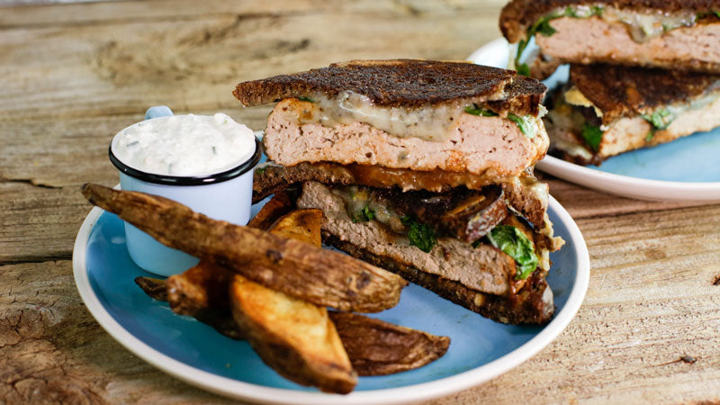Black and Blue Patty Melts with Oven Fries and Horseradish Dipper