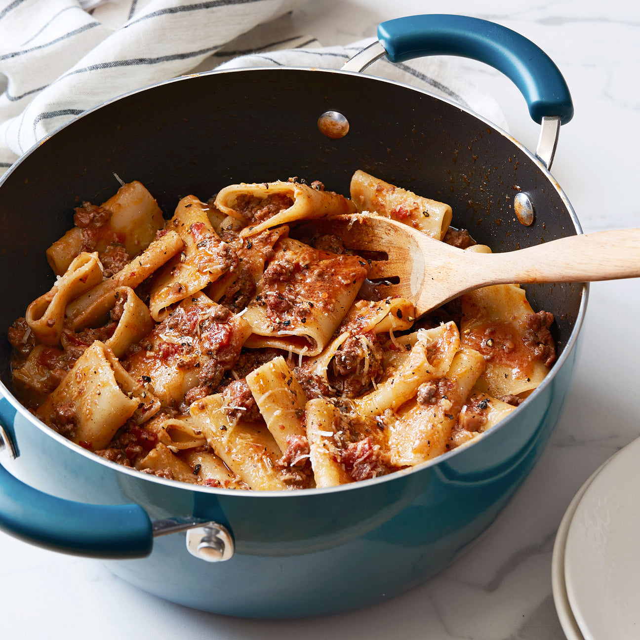 "Meat Lovers' Sauce with Paccheri or Rigatoni" Rachael Ray
