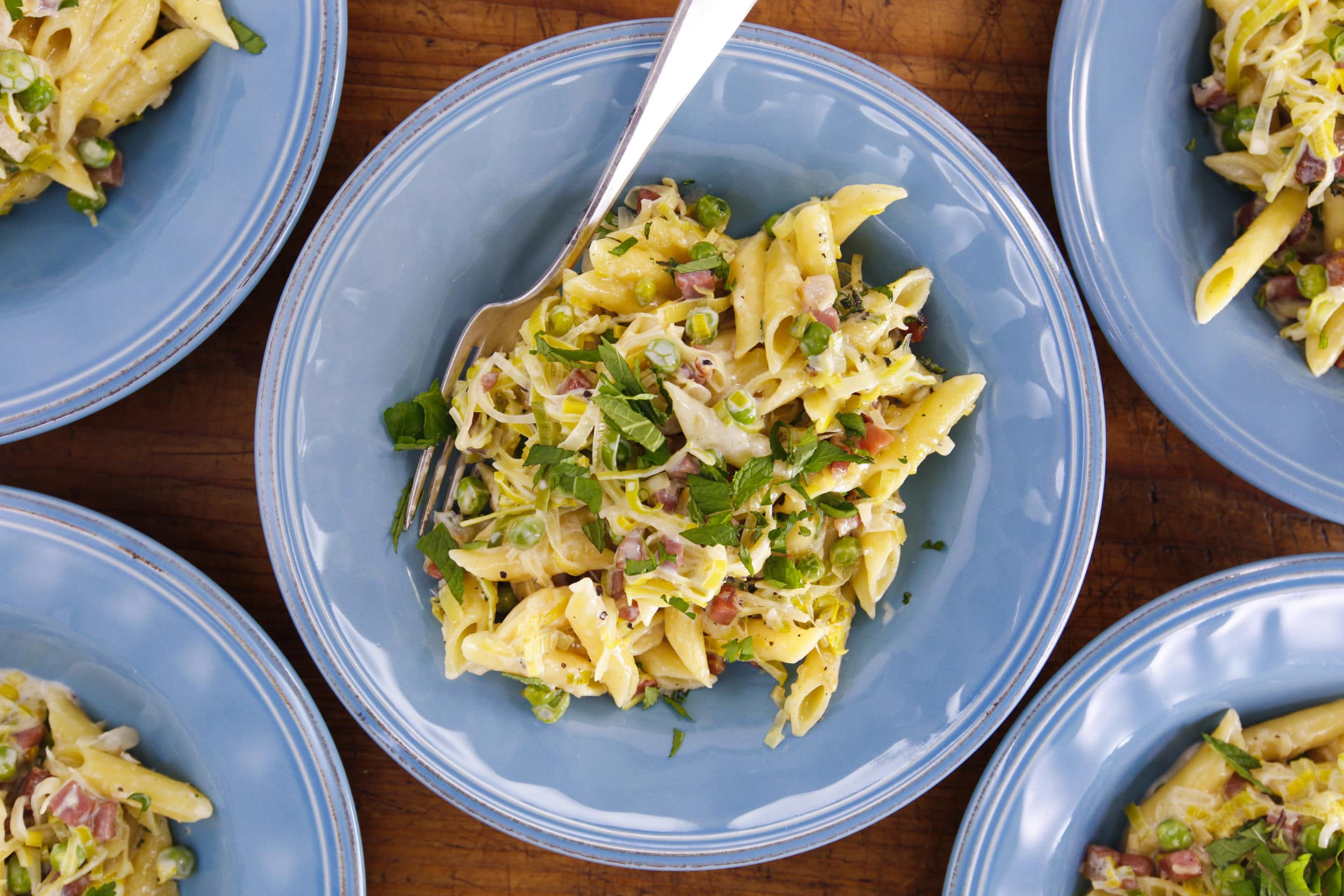 Penne with Prosciutto, Peas and Leeks in Cream Sauce