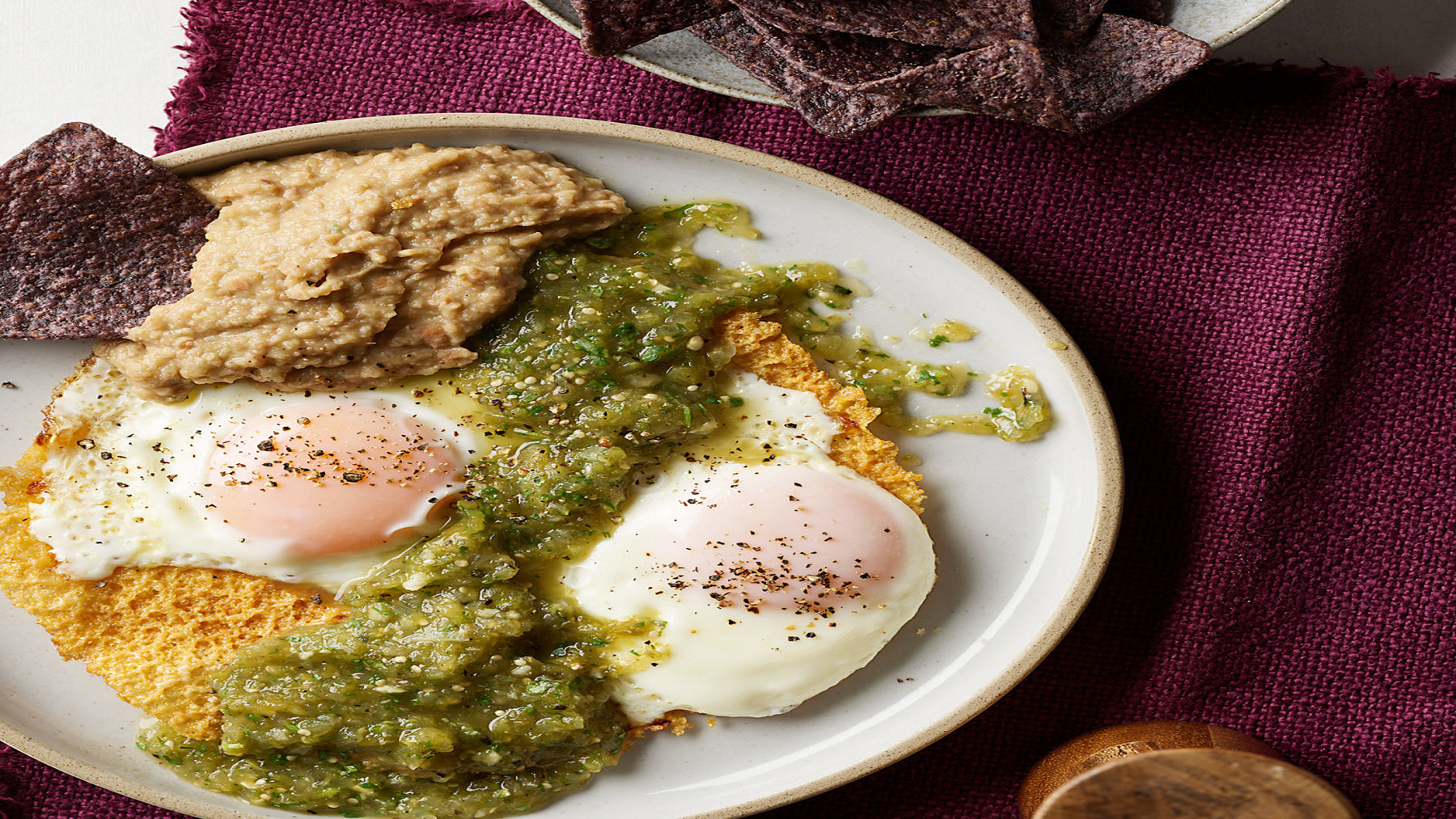 Pepper Jack Frico Eggs with Salsa Verde & Bean Dip 'n' Chips