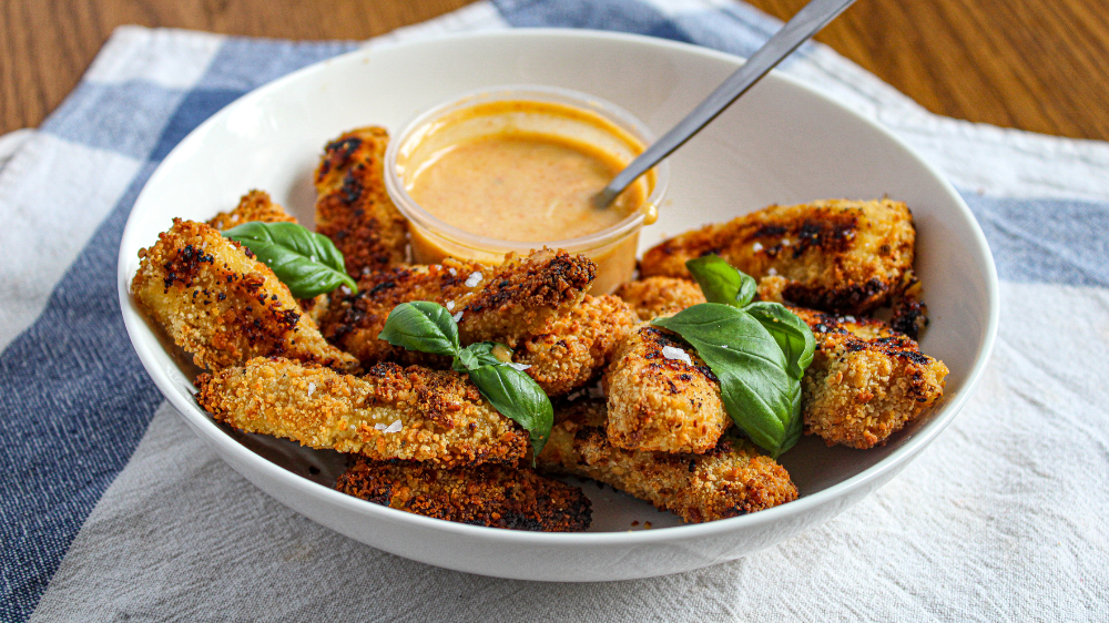 Pretzel-Crusted Chicken Breasts with Cheddar Mustard Sauce