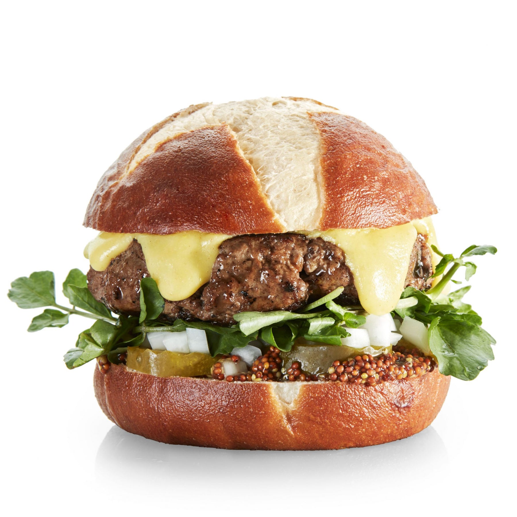 Pub Burgers with Hot Beer Cheese on Soft Pretzel Rolls