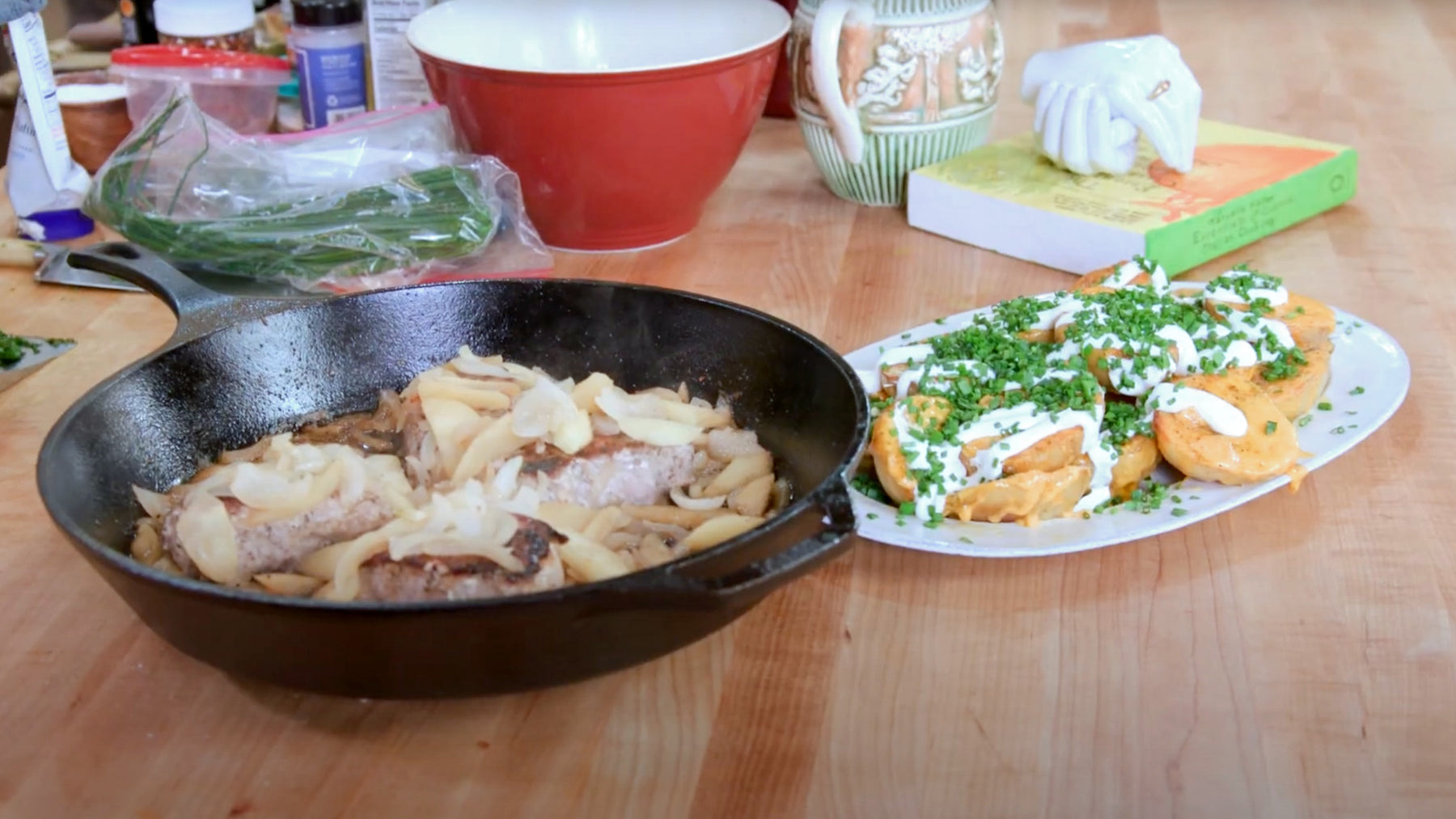 Rachael Ray Meals in Minutes Pork Chops with Sweet Onions and Apple and Twice Cooked Potatoes Recipe