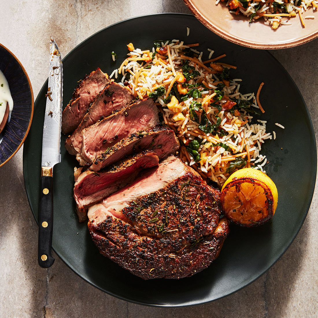 Rachael Ray's Rib Eye Steaks with Gorgonzola Sauce & Kale-Walnut Vermicelli Rice