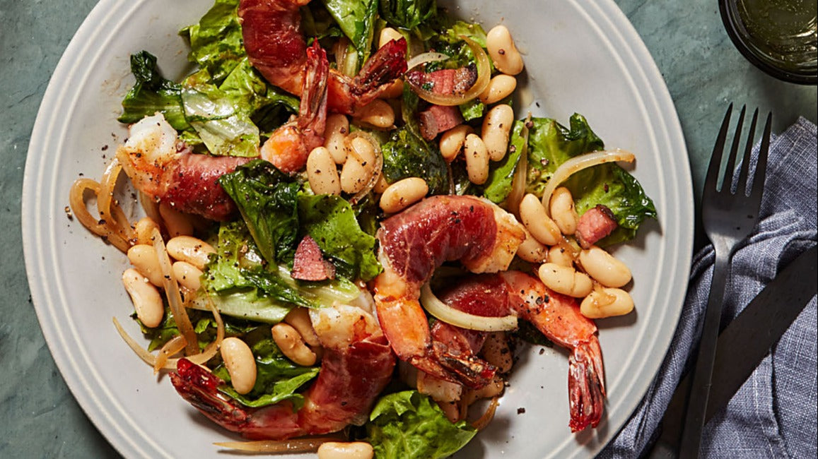 Rachael Ray's Shrimp with Sage & Prosciutto, Warm Escarole Salad, and White Beans