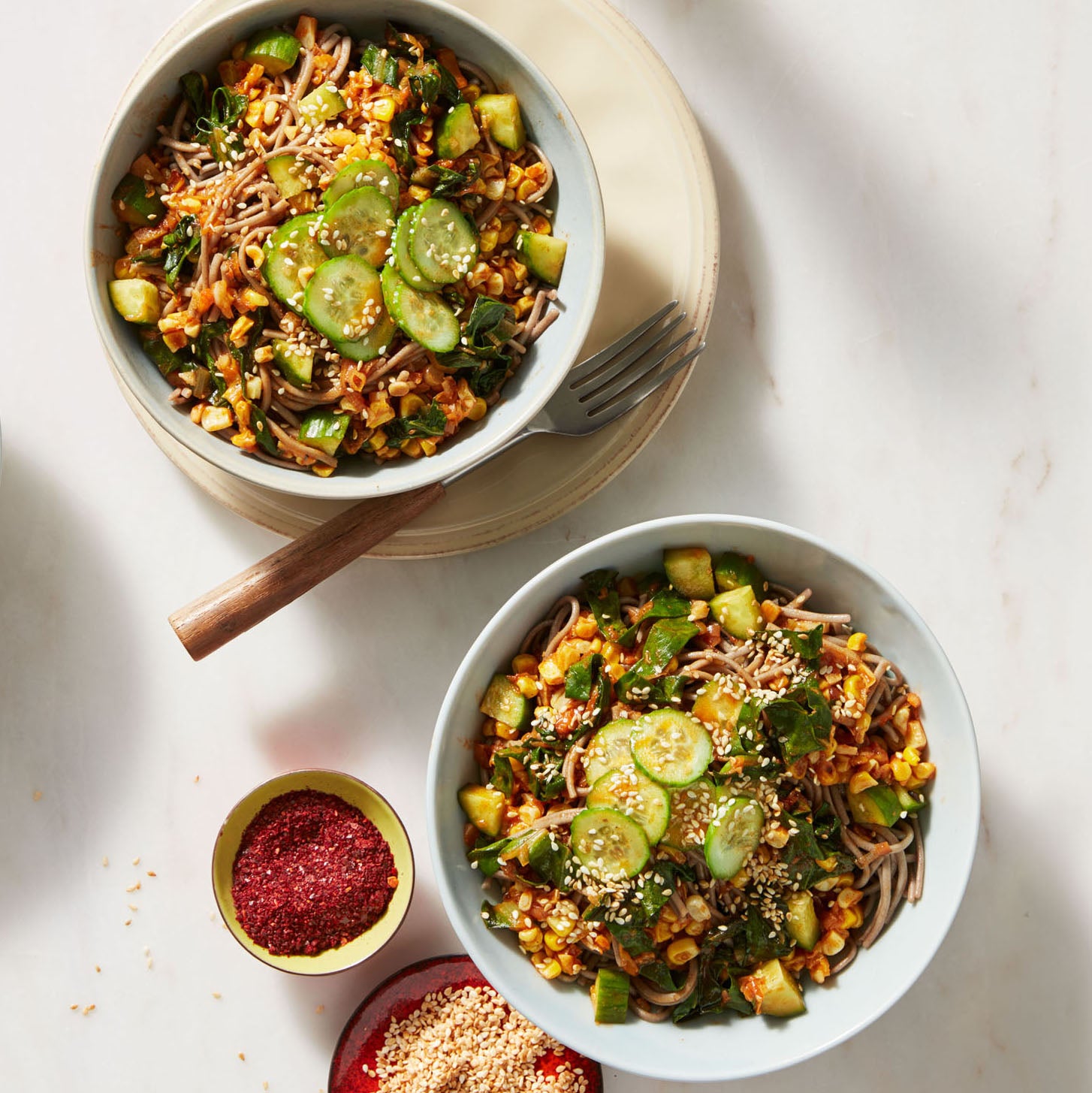 Rachael Ray's Spicy Korean-Style Soba Noodles with Corn, Leeks, Cucumber & Kale