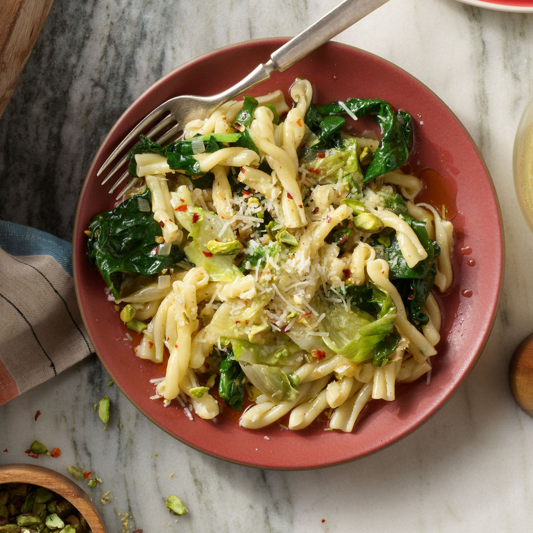 Rachael Ray's Spicy Spinach Pasta with Chile, Preserved Lemon & Pistachios