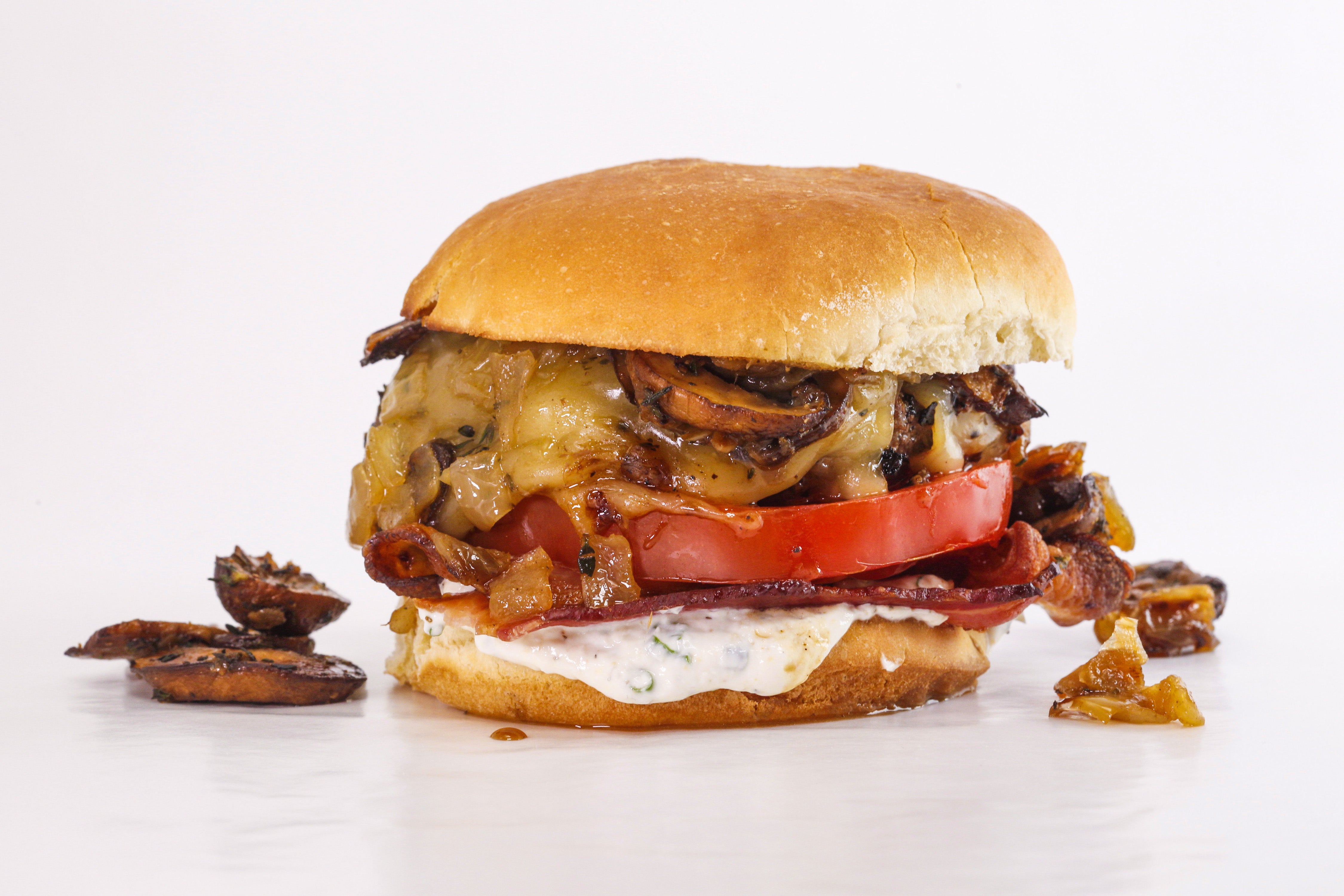 Rachael's A Burger To Love: Balsamic-Rosemary Cheese Burgers with Horseradish Sauce, Mushrooms and Onions
