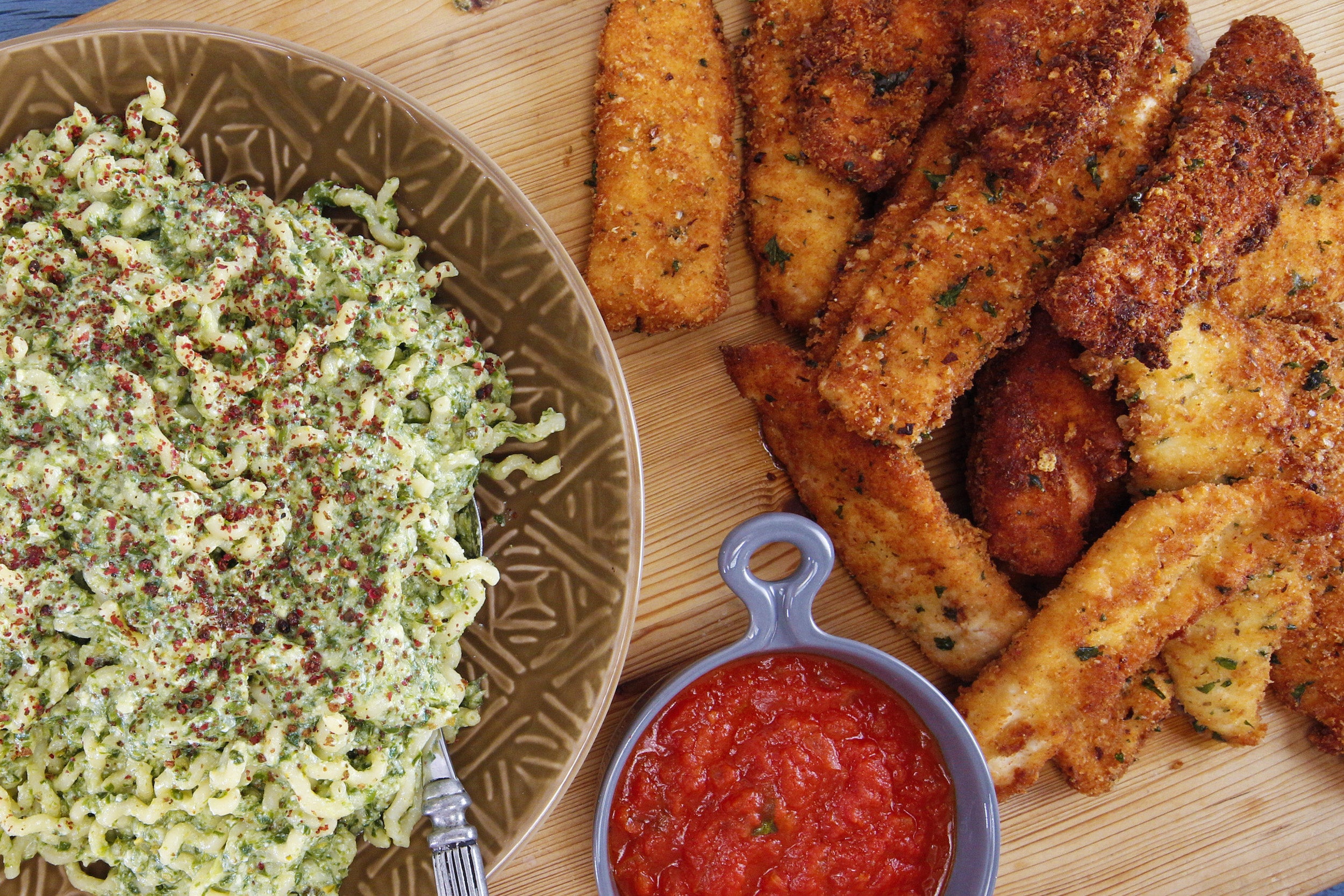 Rachael's Creamy Ramp Pesto Fusilli Lunghi and Chicken Finger Parm with Tomato Basil Dipping Sauce