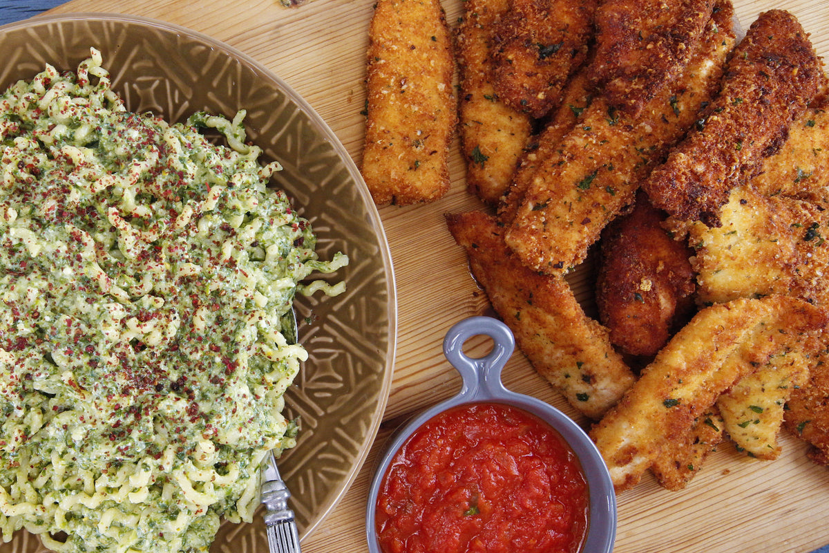 Rachael's Creamy Ramp Pesto Fusilli Lunghi and Chicken Finger Parm wit ...