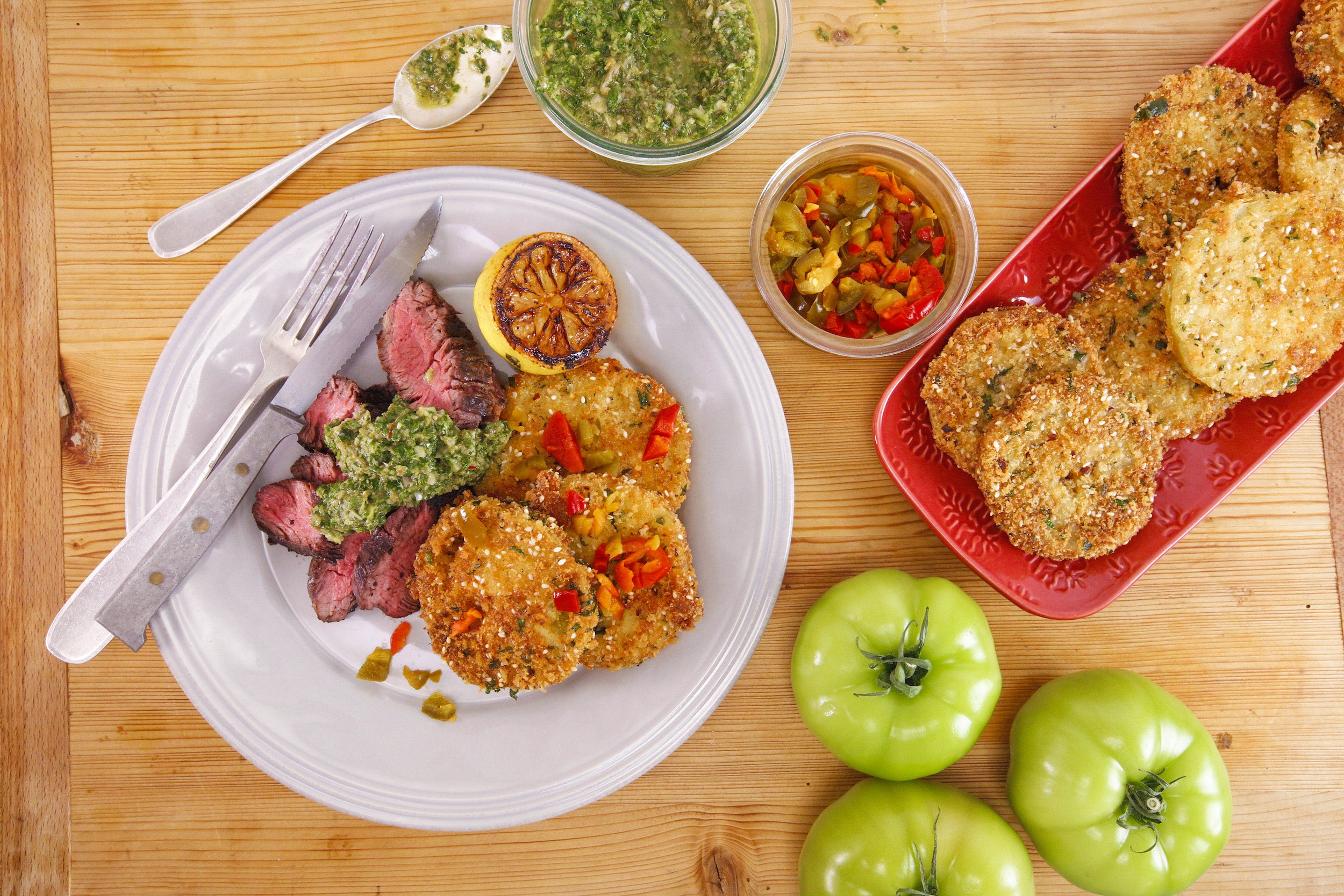 Rachael's Sliced Steak with Salsa Verde and Italian Fried Green Tomatoes