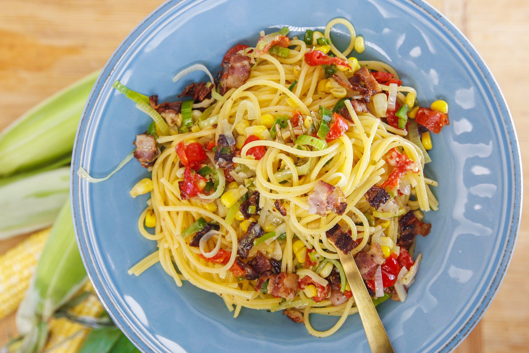 Rachael's Spaghetti with Bacon, Corn, Jalapeños and Peppadews