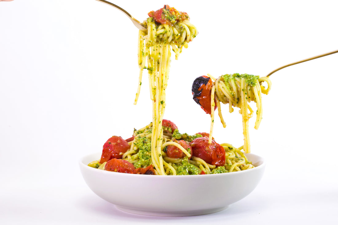 Rach's Roasted Eggplant and Cherry Tomato Spaghetti with Gremolata-Pesto