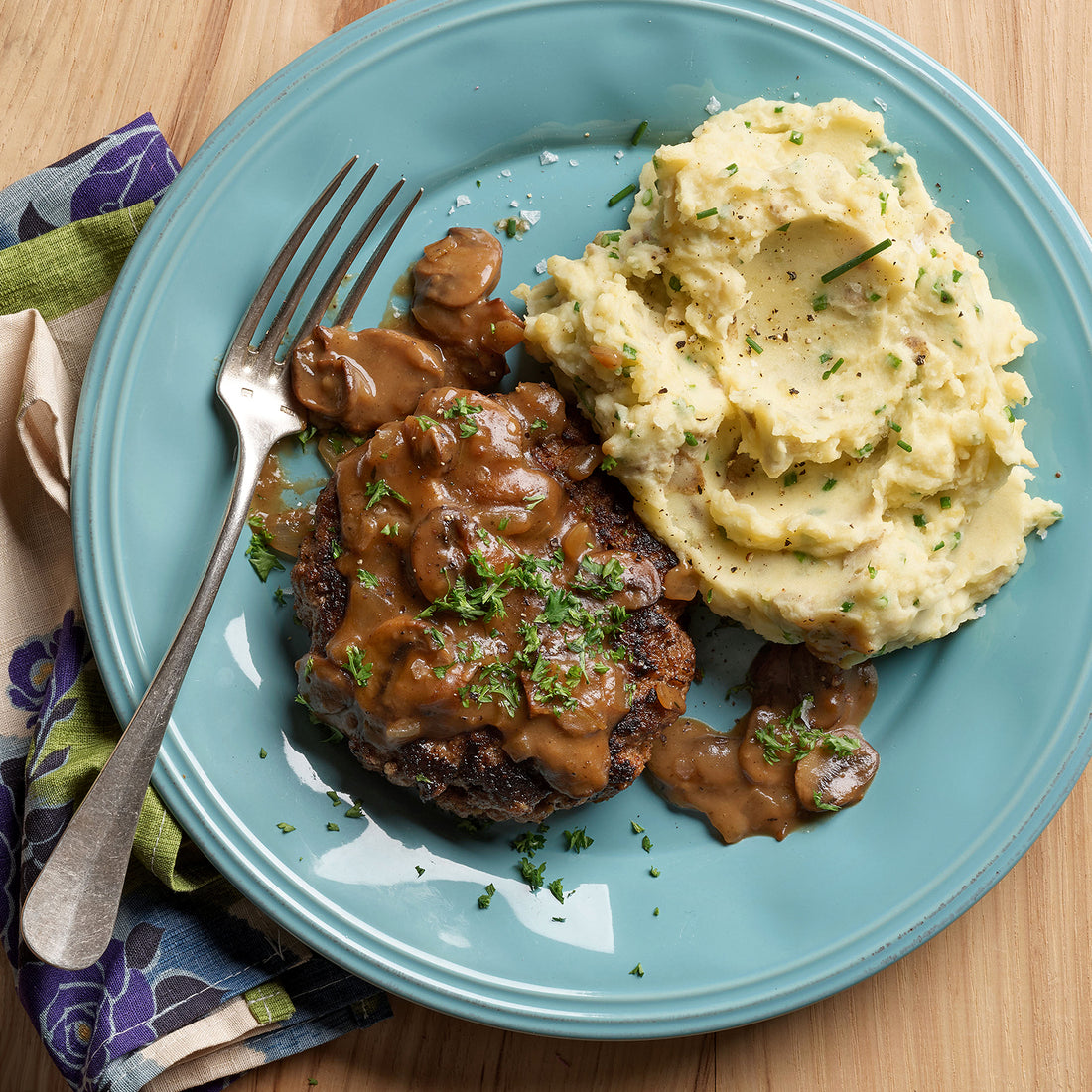 Salisbury Steak Upgrade: Knife & Fork Burgers with Onion-Mushroom Gravy & Garlicky Smashed Potatoes