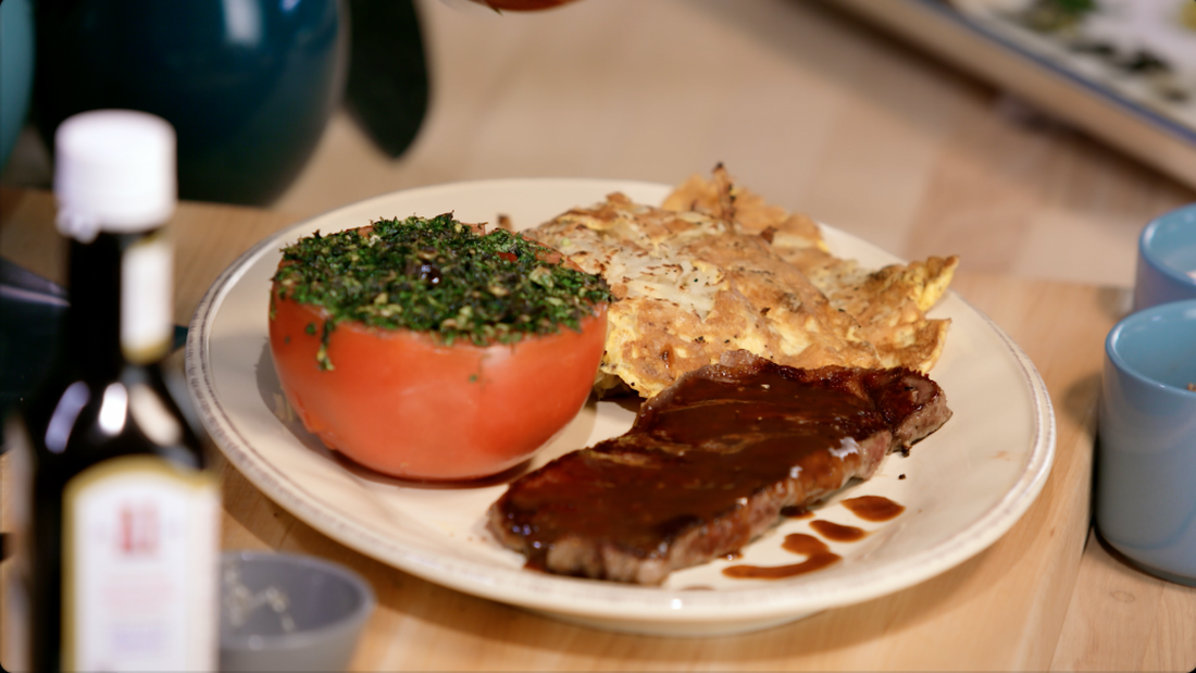 Steak and Hash Brown Eggs with Broiled Tomatoes