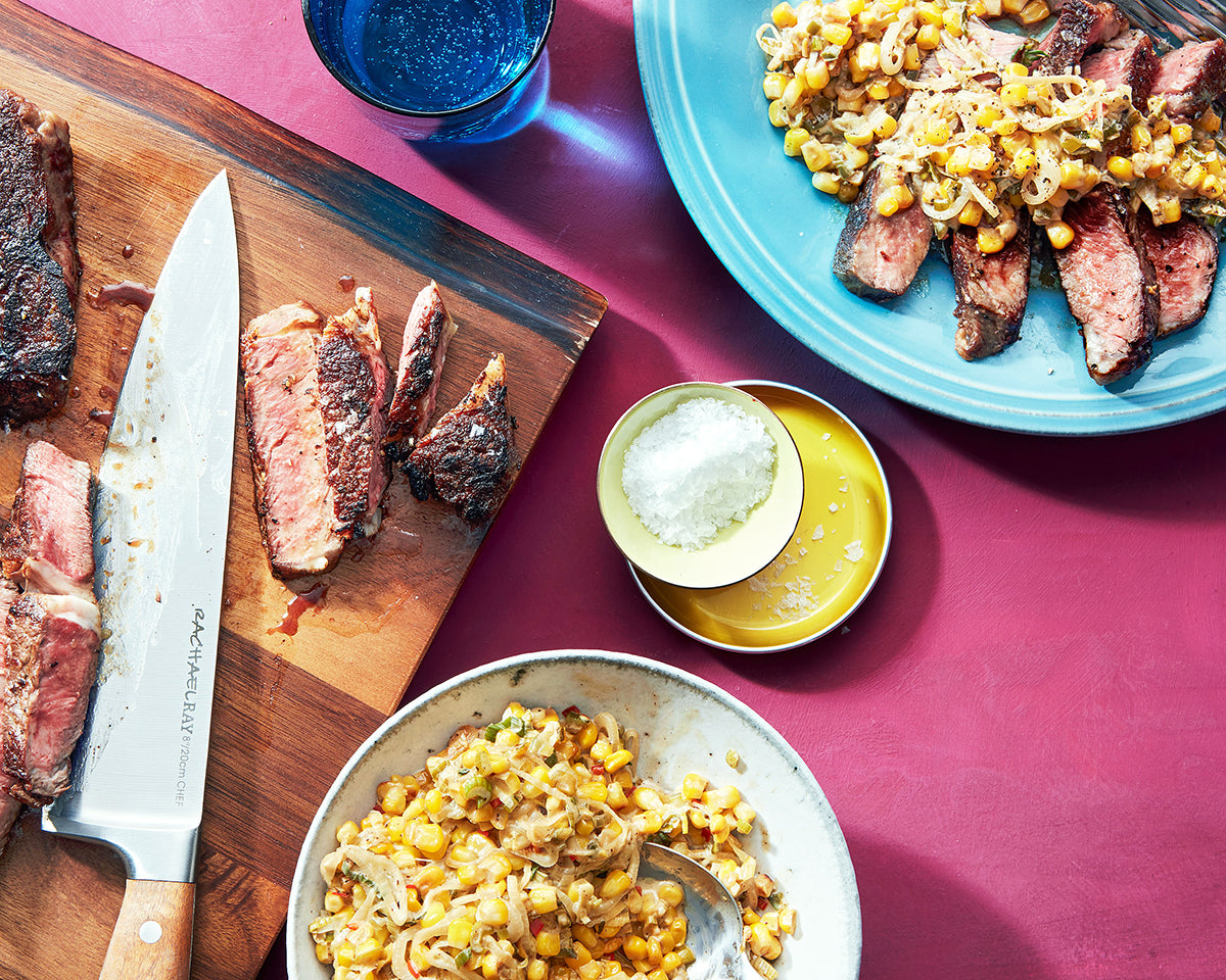 Sliced Steak with Early Summer Corn & Spring Onion Maque Choux