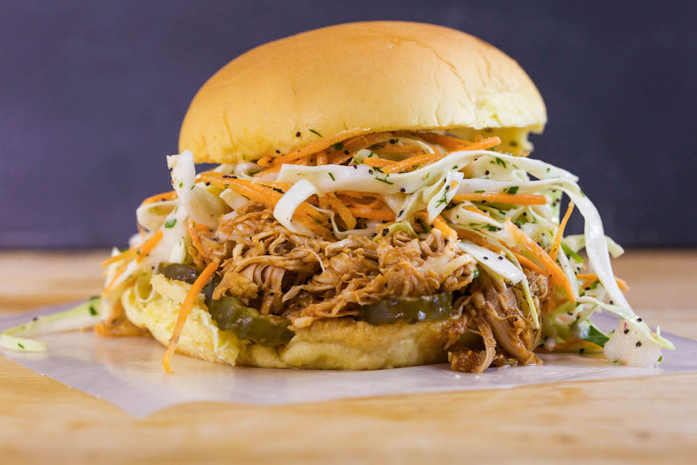 Smoky, Pulled Chicken Barbecue Sandwiches with Poppy Seed Ranch Slaw
