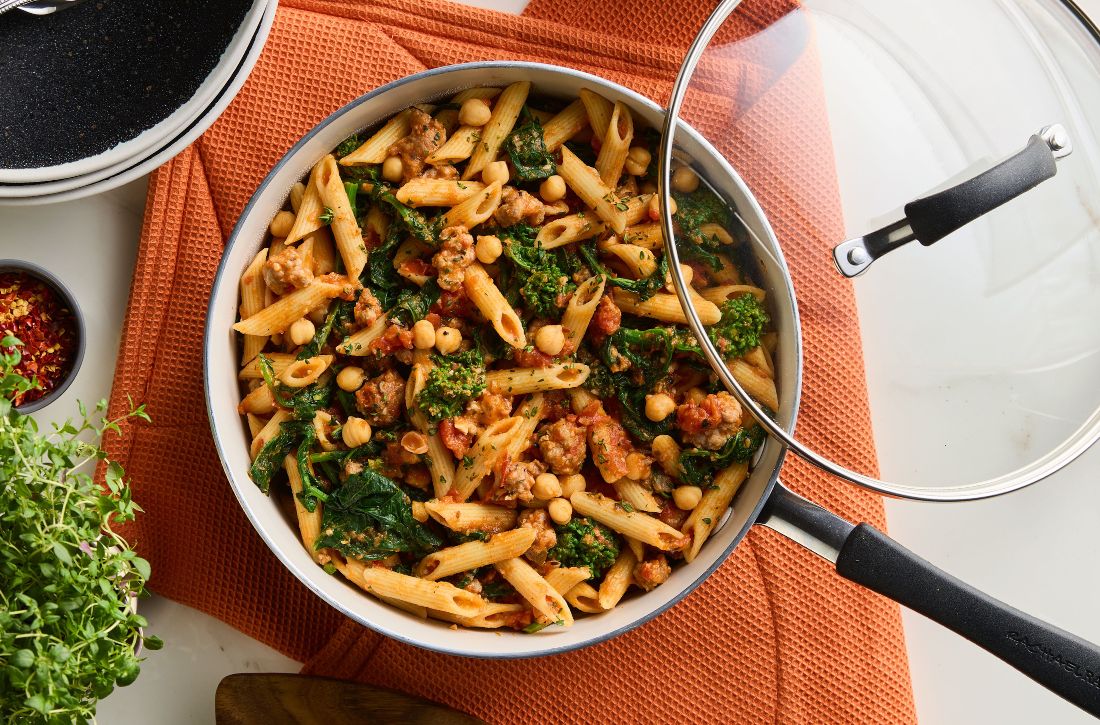 Spicy Penne with Broccoli Rabe, Sausage and Chickpeas