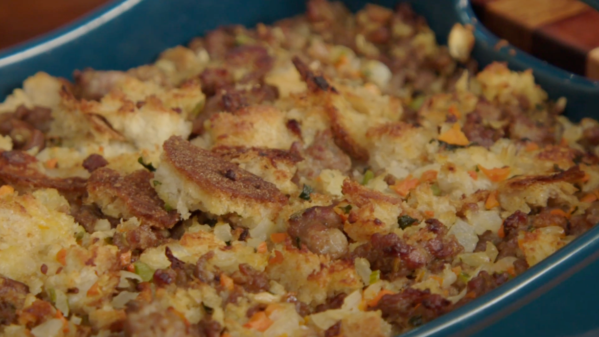 Rachael Ray's Holidays Chestnut and Sausage Stuffing Recipe