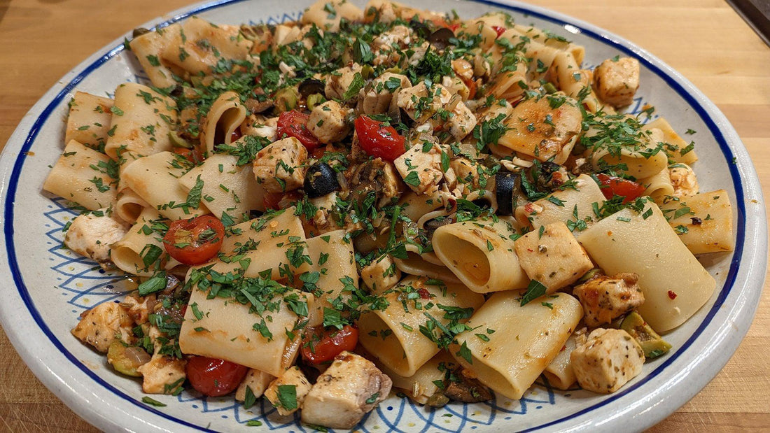 Paccheri with Swordfish, Capers and Olives