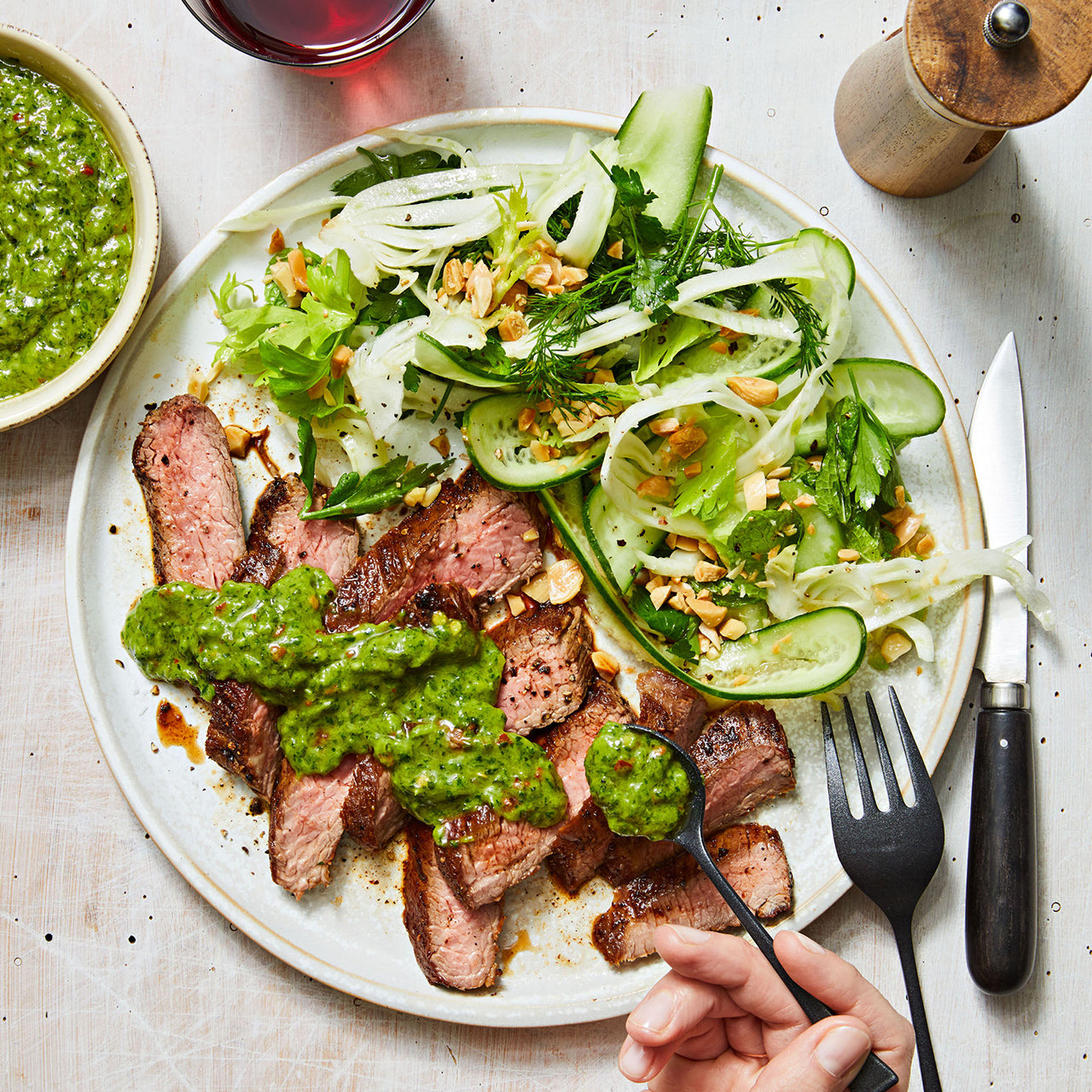 Steak with Ramp Chimichurri & Baby Fennel Salad