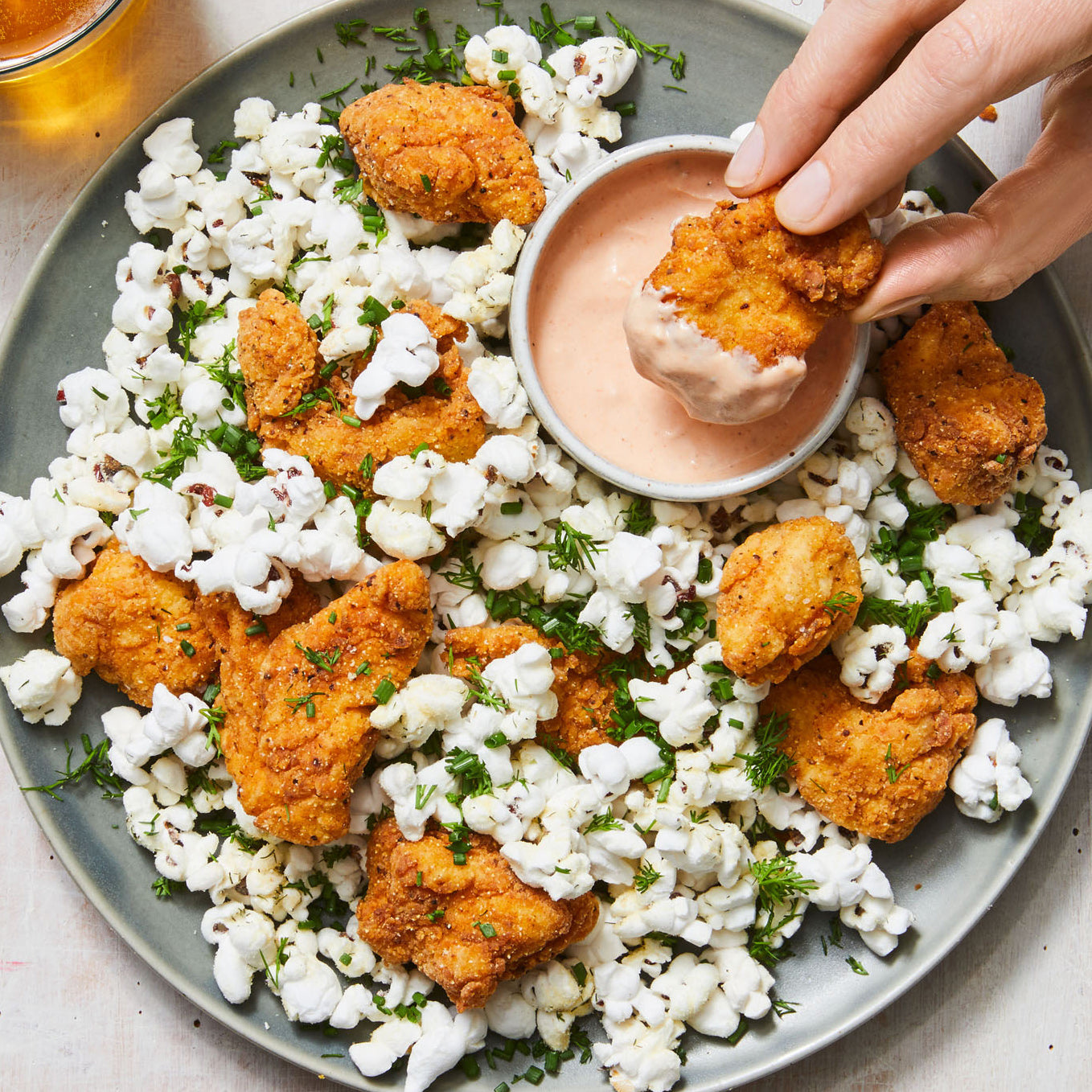 Popcorn Chicken with White Cheddar Popcorn & Buffalo Ranch Dipping Sauce