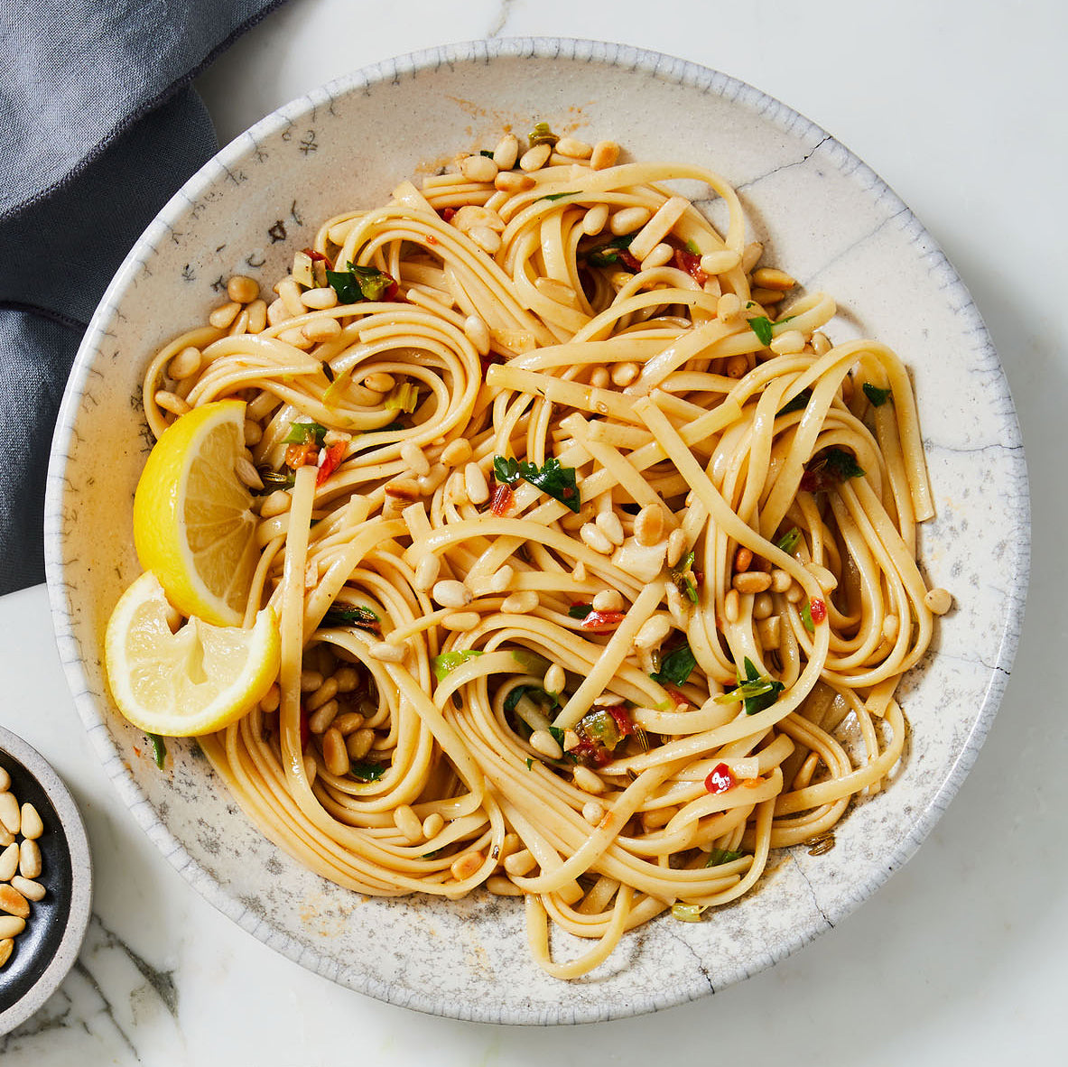 Aglio e Olio with Celery Tops, Fennel & Pine Nuts