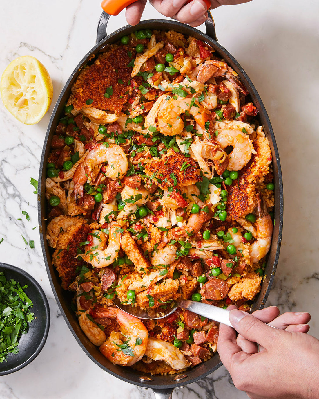 Crispy Saffron Couscous with Chorizo, Chicken & Shrimp