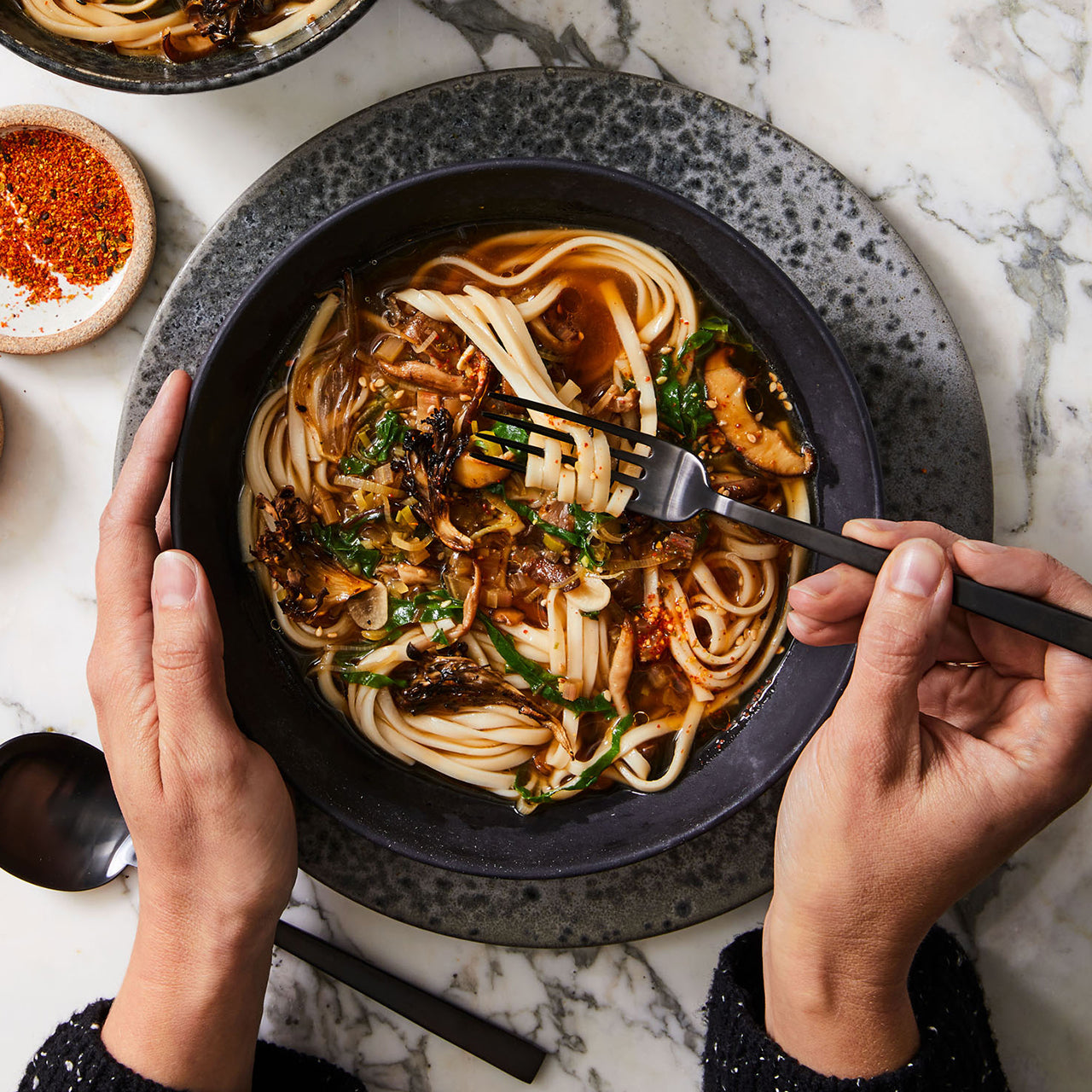 Udon with Mushrooms, Miso, Greens & Sesame