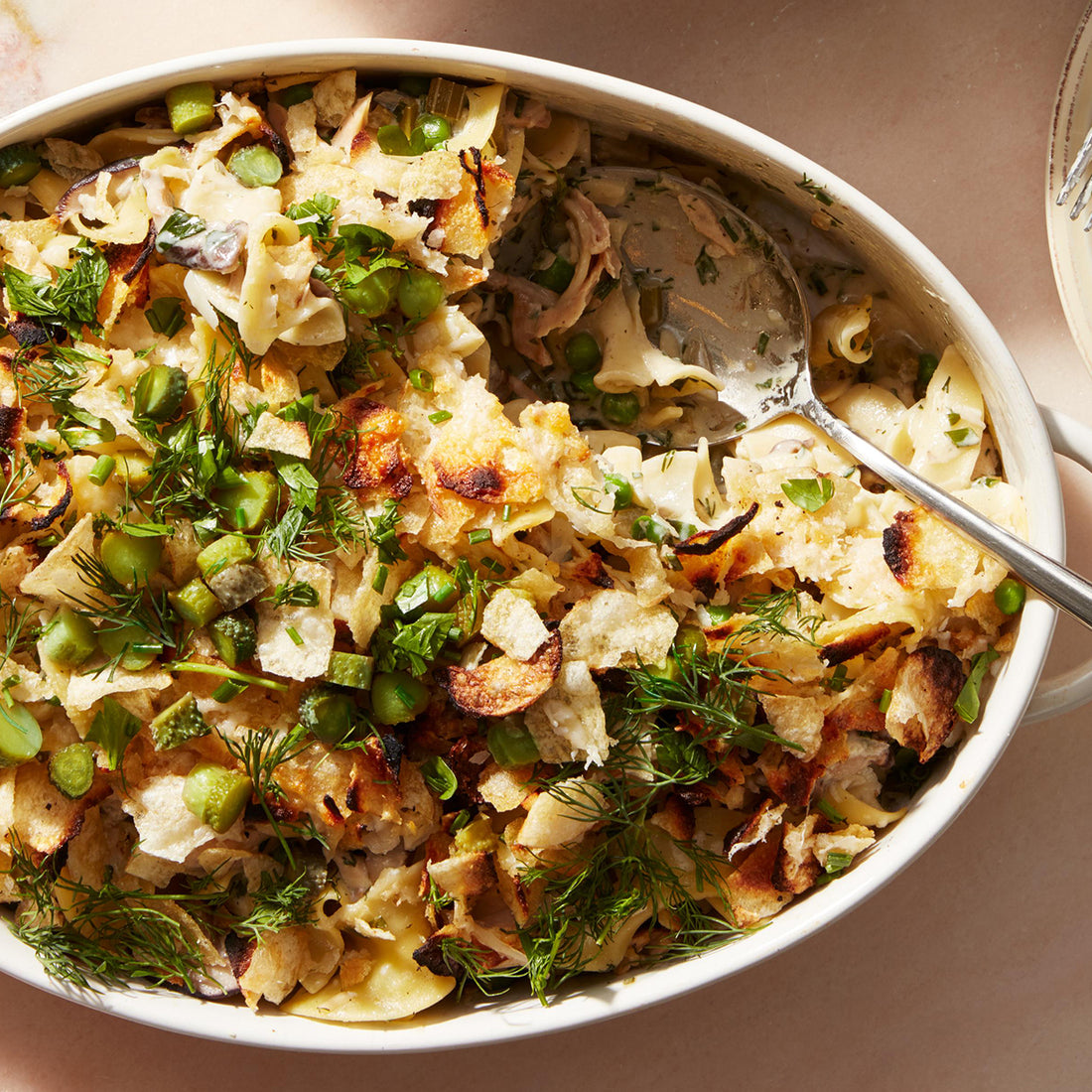 Herby Tuna Noodle Casserole with Potato Chip-Parm Topping